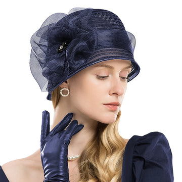 Women Elegant Organza Flower Ladies Black Floppy Sun Hat