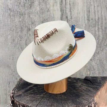 Off-White Felt Hat - Stitched Crown with Lace & Coppery Accent