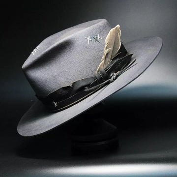 Distressed Fedora with Feather and Strap in Gray