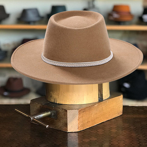 Khaki Rounded Brim Dome Fedora Hat with Leather Belt Hatband