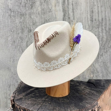 Cream Felt Fedora with Lace Band & Star Chain