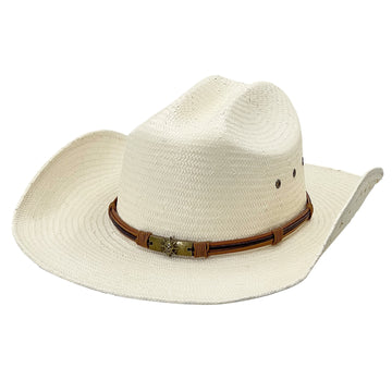Wide Brim Straw Hat w/ Decorative Metal Clasp