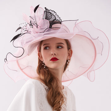 Women Organza Wide Brim Kentucky Derby Hats With Feather Decoration