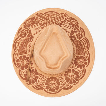 Suede-Finish Fedora with Western Floral & Revolver Laser Engravings
