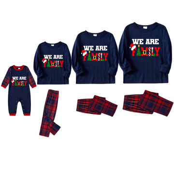 Christmas "We are Family" Text Print Blue Long Sleeve Top with Red & Blue Plaid Family Matching Pajamas