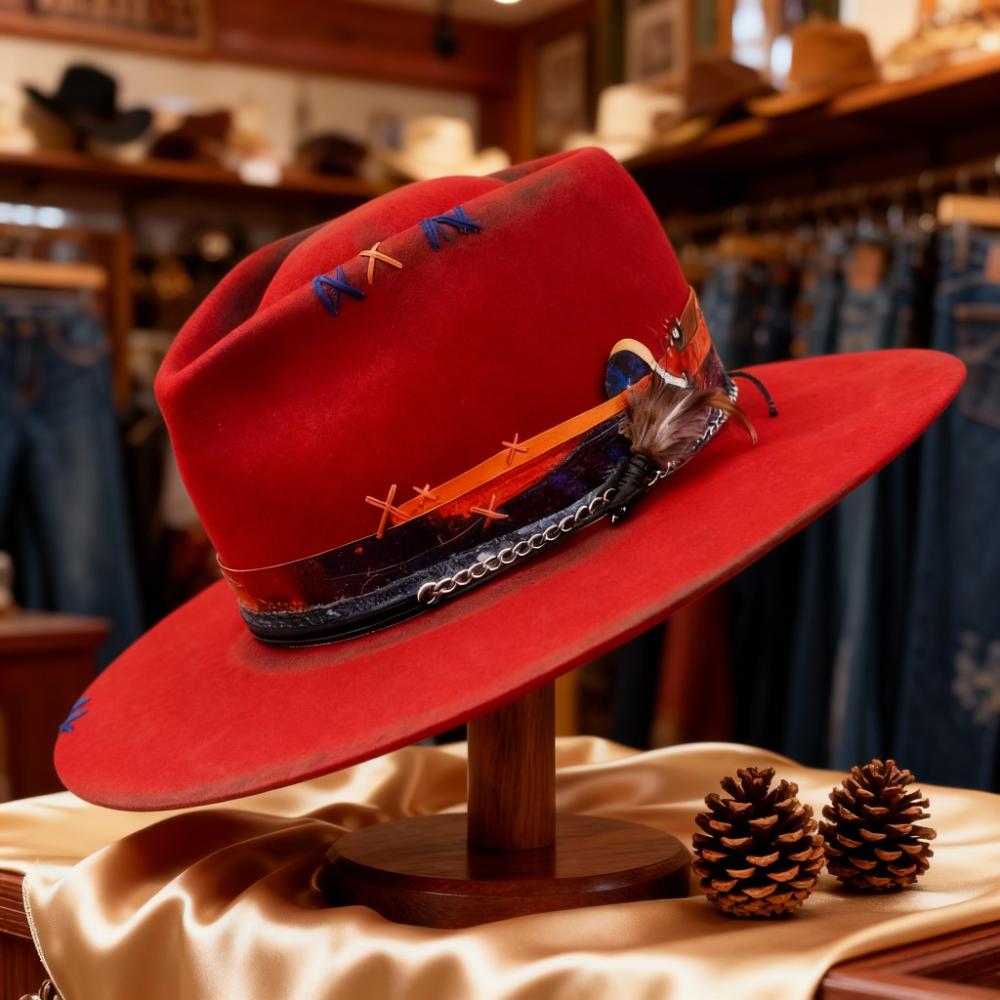 Distressed Fedora with Red Multi-color Patchwork Design