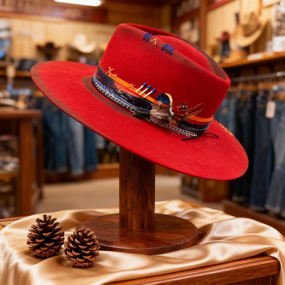 Distressed Fedora with Red Multi-color Patchwork Design