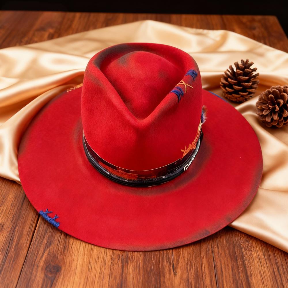 Distressed Fedora with Red Multi-color Patchwork Design