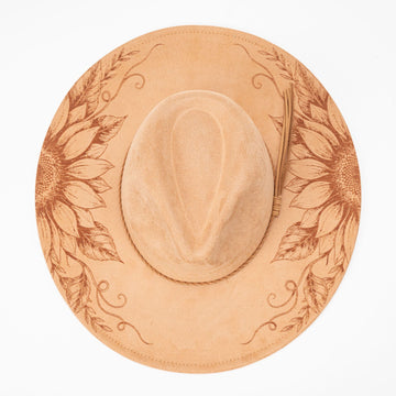 Suede-Finish Fedora with Laser-Engraved Sunflower Motifs