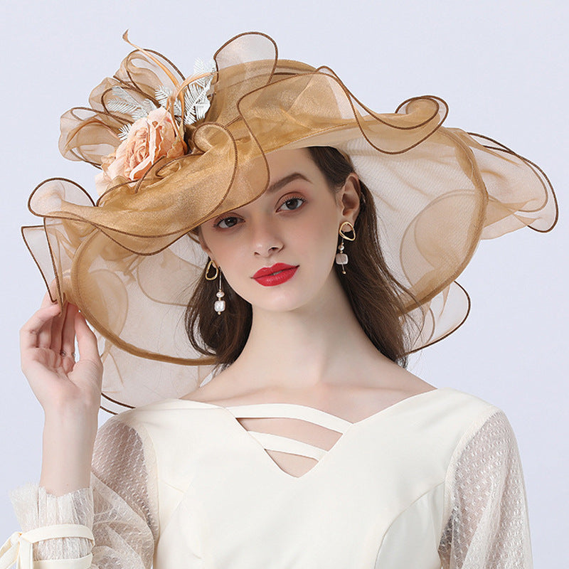 Organza Derby Wide Brim Wedding Bride Hat with Exquisite Flower Details