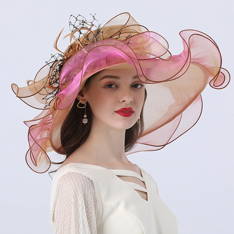 Women Organza Wide Brim Kentucky Derby Hats With Rose Flower Decoration