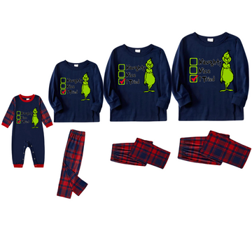 Christmas Matching Cartoon Pattern and Text Print Blue Long Sleeve Top with Red & Blue Plaid Family Matching Pajamas