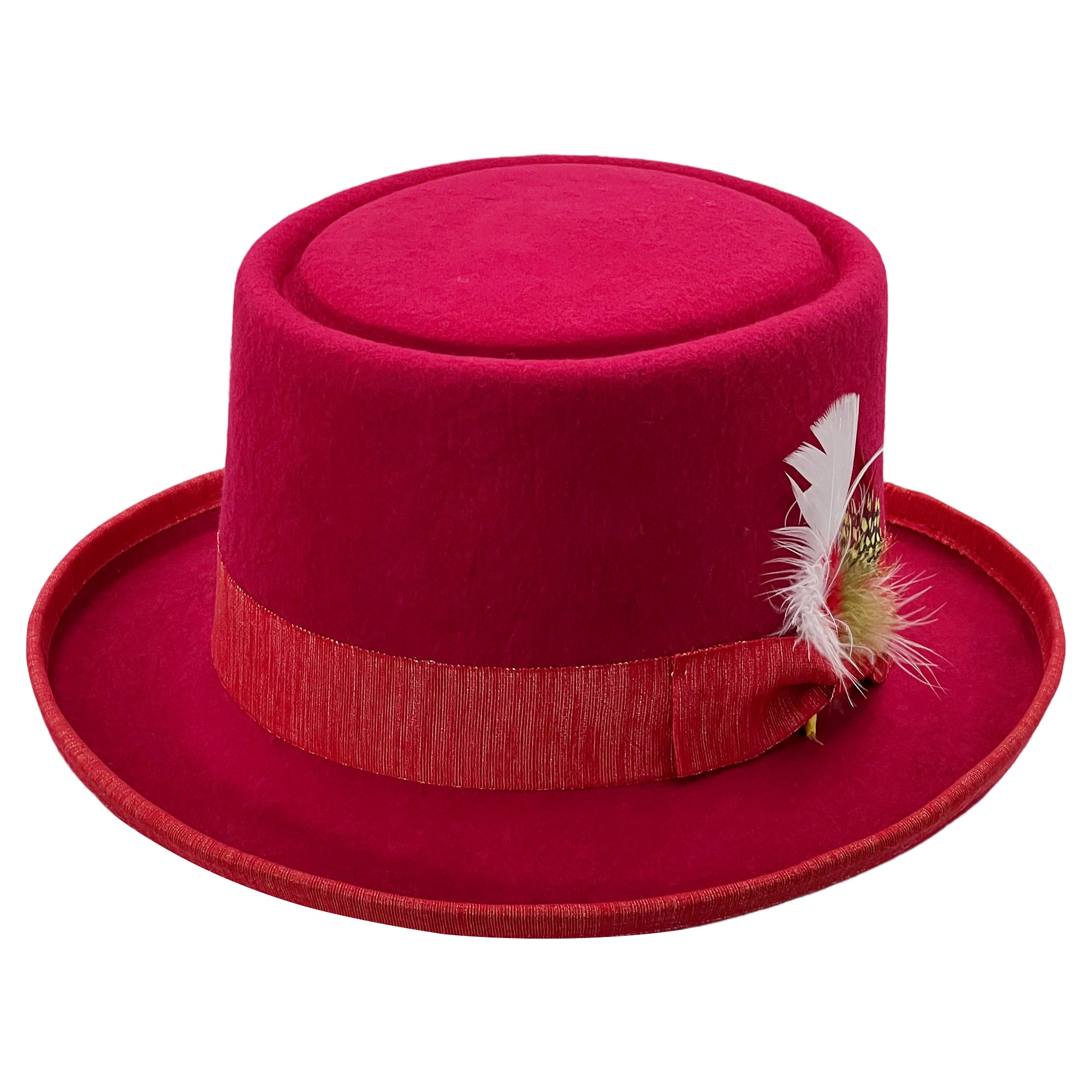 Red Rounded Hat Bold Red Round-Crown – Feather Detail