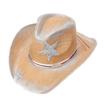 Star-Embellished Straw Fedora with Teardrop Crown and Metallic Finish