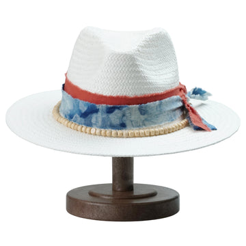 White Breathable Straw Fedora with Tie-Dye Fabric Band & Beaded Trim