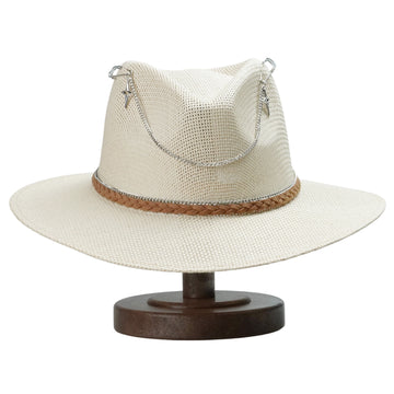 Off-White Straw Hat with Silver Chain & Woven Band