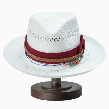White Breathable Straw Fedora with Burgundy Ribbon & Beaded Cord