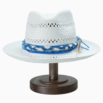 White Breathable Straw Fedora with Blue Woven Band & Feather Accent