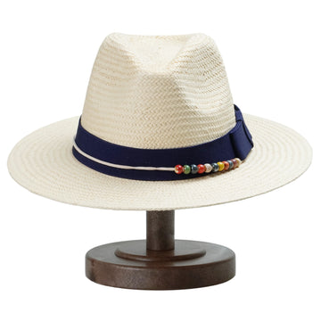 Beige Straw Hat with Dark Blue Wide Band & Colorful Beads