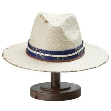 White Straw Hat with Printed Band & Thin Cords