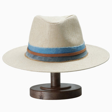 White Breathable Straw Fedora with Blue Gradient Scarf & Chain Trim