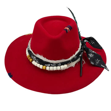 Bold Red Hat w/ Woven & Beaded Trim