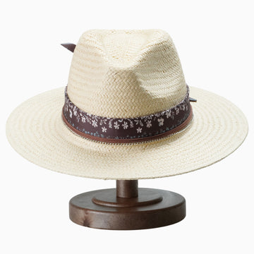 Breathable Straw Fedora with Floral Print Scarf & Chain Trim