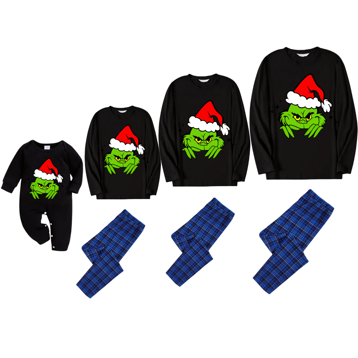 Christmas Cartoon Pattern Print Black Long Sleeve Top with Blue & Black Plaid Family Matching Pajamas