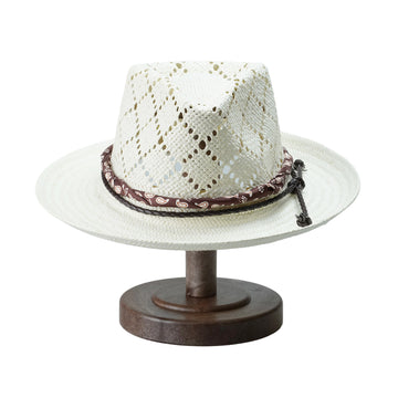 Off-White Straw Fedora with Cutout Teardrop Crown & Braided Band