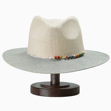 Two-Tone Beige & Grey Straw Hat with Colorful Bead Embellishment