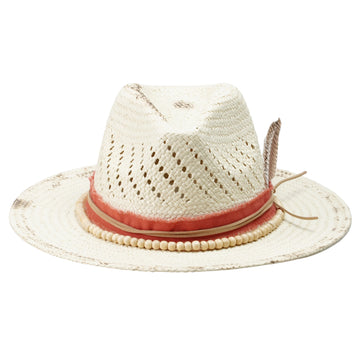Distressed Straw Hat – Beaded Band, Feather Accent