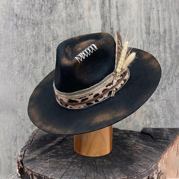 Teardrop Fedora - Black with Burned & Stitched Design