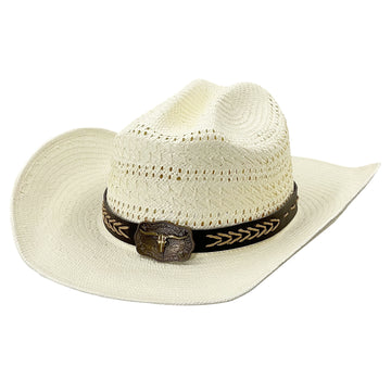 Wide Brim Straw Hat w/ Engraved Metal Accent