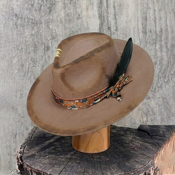 Hand-Burned Edgy Felt Hat – Neutral Tone, Feather Detail