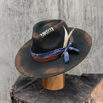 Hand-Burned Distressed Felt Hat – Croc-Texture Band, Feather Accent