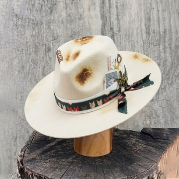 Artistic Felt Hat – Neutral Base, Charred Playing Card Feature