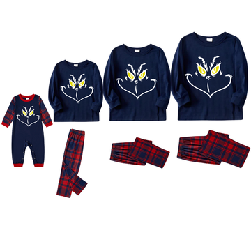 Christmas Cute Cartoon Face Print Blue Long Sleeve Top with Red & Blue Plaid Family Matching Pajamas