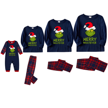 Christmas Letter Print and Cartoon Pattern Blue Long Sleeve Top with Red & Blue Plaid Family Matching Pajamas