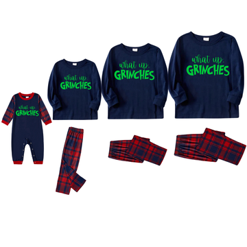 Christmas Letter Print Blue Long Sleeve Top with Red & Blue Plaid Family Matching Pajamas