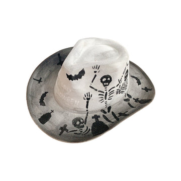 Spooky Halloween Themed Fedora with Hand-Painted Skeleton Design
