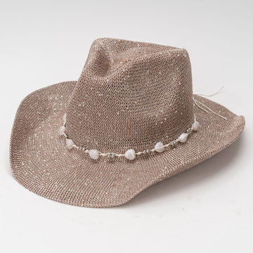 Sparkling Knit Straw Fedora with Heart-Shaped Bead Accents