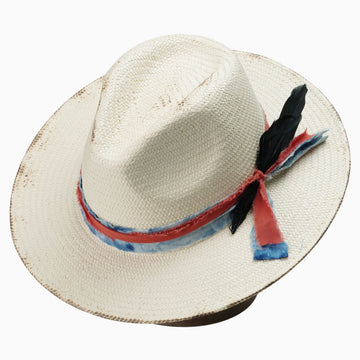 Beige Breathable Straw Fedora with Distressed Feather Band
