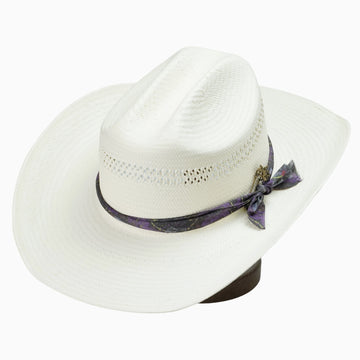 Off-White Breathable Straw Fedora with Patterned Ribbon & Bronze Cat Pin