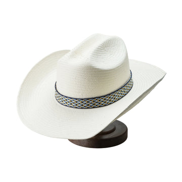 Off-White Cattleman Straw Hat with Patterned Woven Band