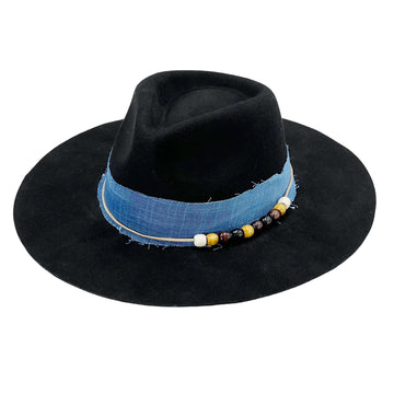 Premium Felt Hat – Blue Fabric & Beads