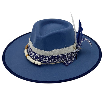 Denim Blue Wide-Brim – Print, Feather & Beads