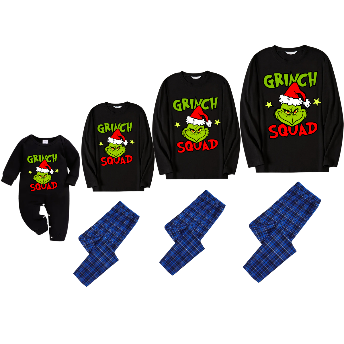 Cartoon and Text Print Black Long Sleeve Top with Blue & Black Plaid Christmas Family Matching Pajamas