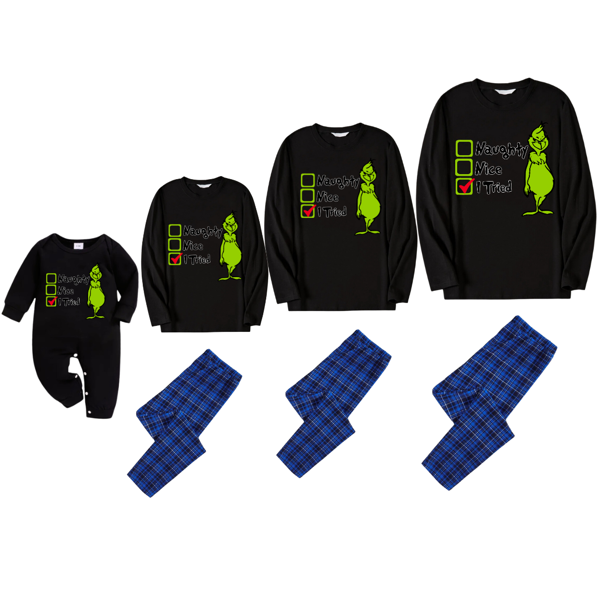 Christmas Cartoon Pattern and Text Print Black Long Sleeve Top with Blue & Black Plaid Family Matching Pajamas