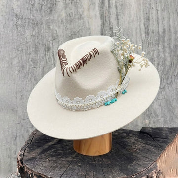 Cream Felt Fedora with Lace Band & Turquoise Beads