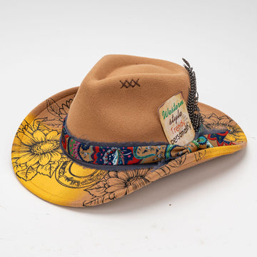 Western-Style Felt Fedora with Sunflower Brim and Paisley Band